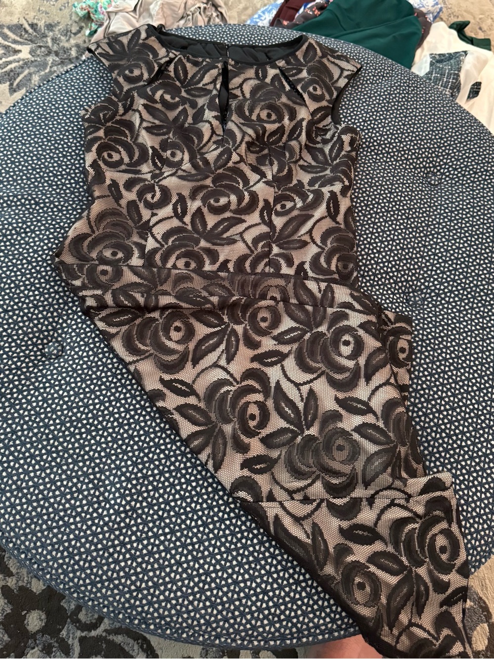 Maggy London Black Floral Lace Midi Dress on Nude Lining